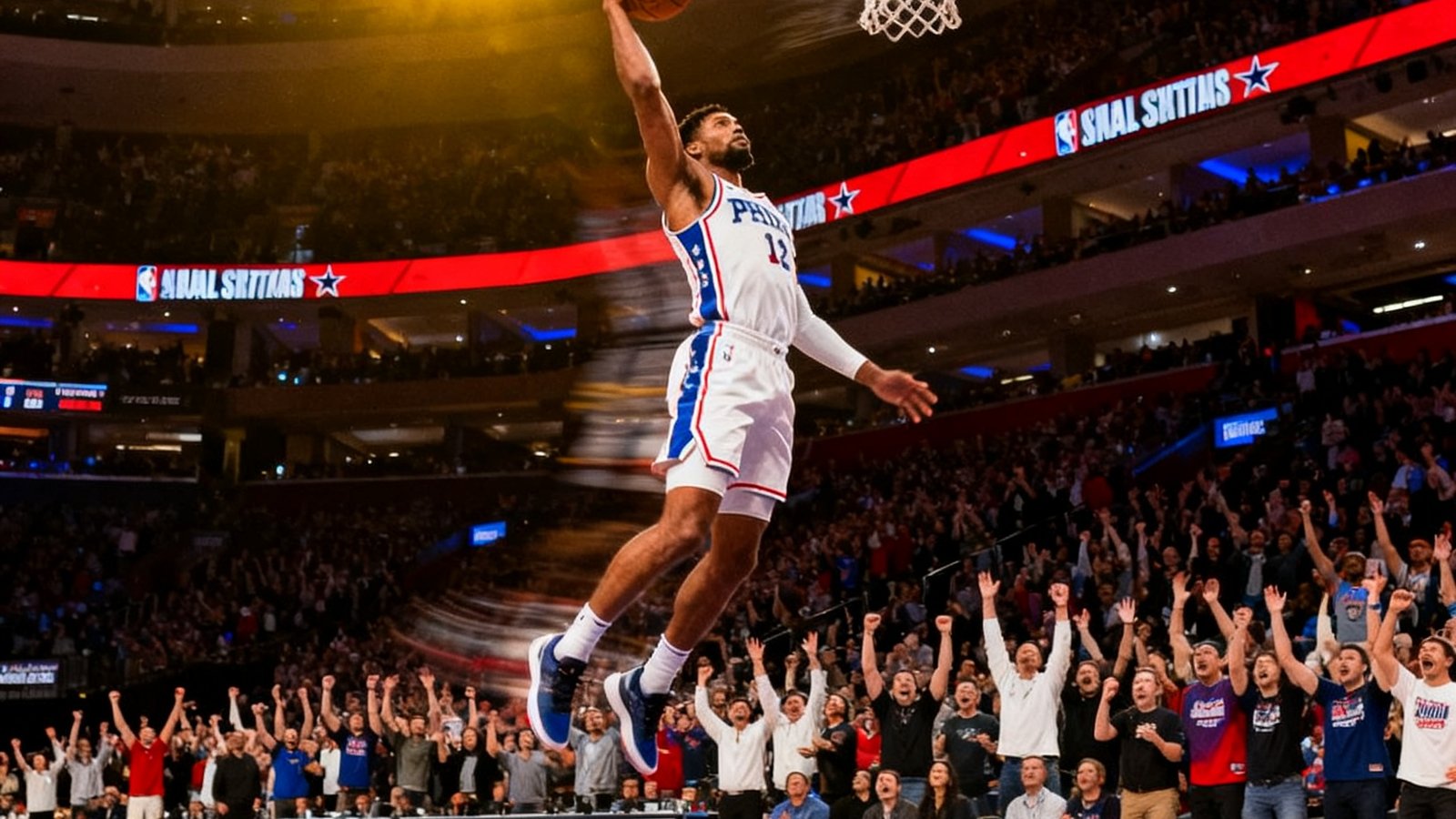 NBA全明星扣篮大赛中球员从罚球线起跳单手战斧扣篮的瞬间，观众席全部起立欢呼